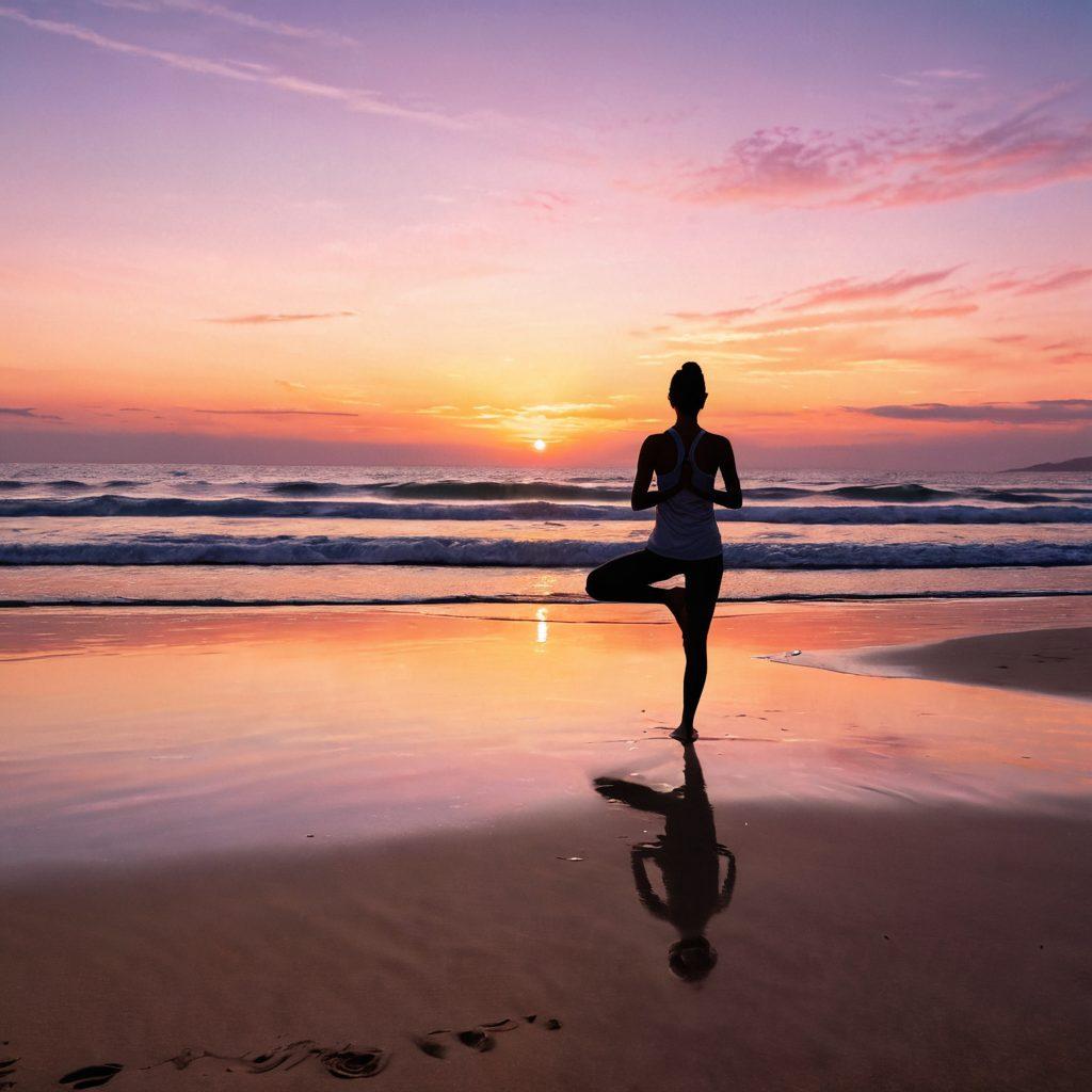 A serene beach scene at sunset, with a silhouette of a person practicing yoga on the sand, surrounded by colorful beachwear laid out artistically. Gentle waves lapping at the shore, and soft pastel colors in the sky reflecting a calm yet melancholic vibe. Include mystical elements like subtle glowing orbs and ethereal designs in the sand. dreamy. vibrant colors. 3D.